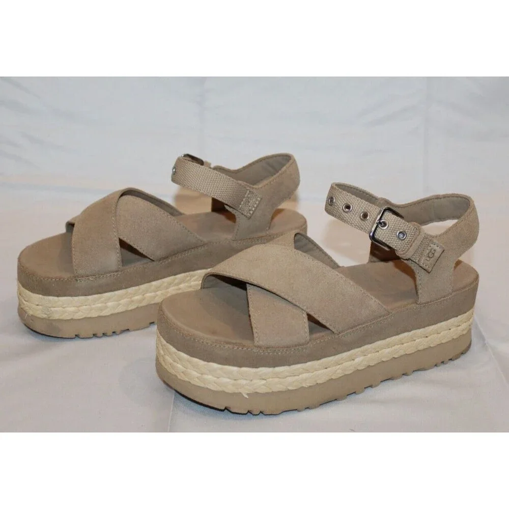 NIB Ugg Aubrey Women's Platform Ankle Suede Sandals‎ Sand